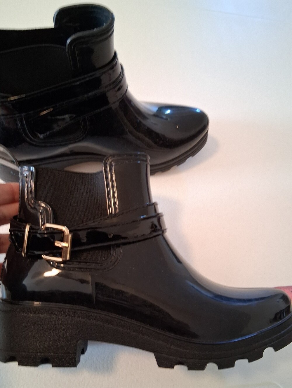 Women's Black Gloss Rain Ankle Boots with Silver Buckle Size 36
